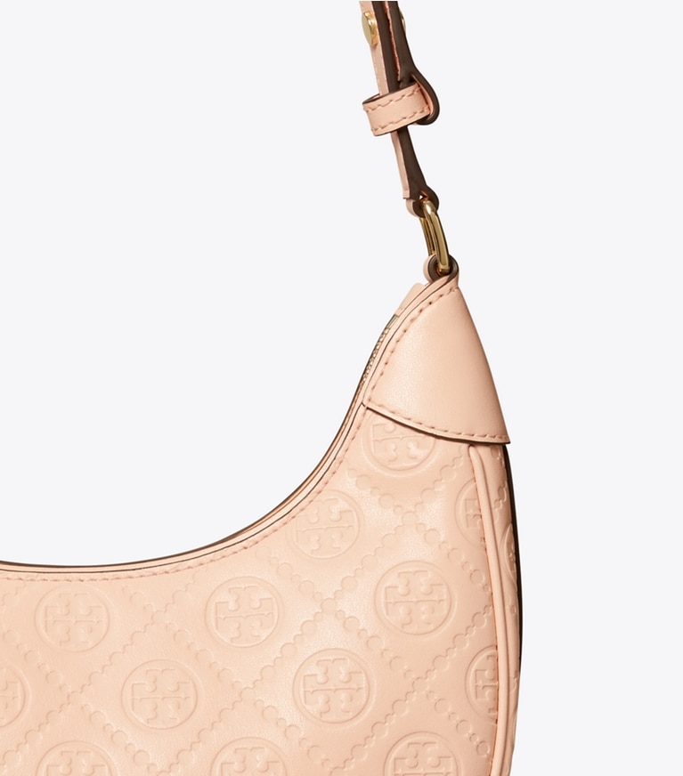 Tory Burch designer shoulder bags T Monogram Leather Crescent Bag in Blush detail