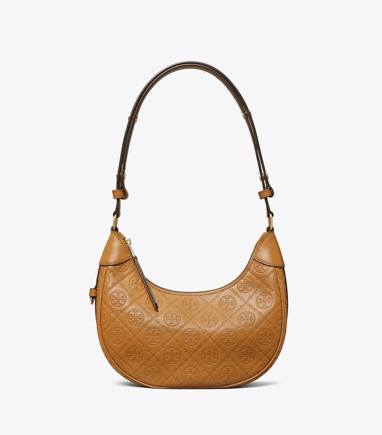 Tory Burch designer shoulder bags T Monogram Leather Crescent Bag in Tan front