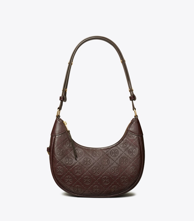 Tory Burch designer shoulder bags T Monogram Leather Crescent Bag in Deep Maroon angle