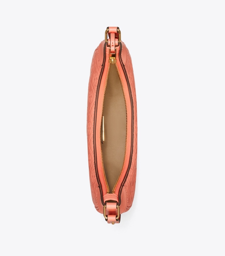 Tory Burch designer shoulder bags T Monogram Leather Crescent Bag in Coral Crush angle