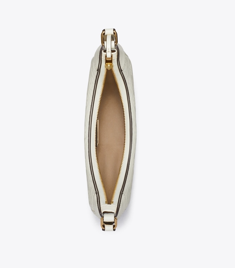 Tory Burch designer ショルダーバッグ Tモノグラム レザー クレッセントバッグ in Light Cream angle