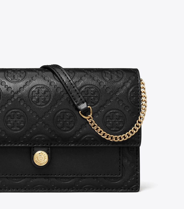Tory Burch designer mini bags T Monogram Leather Crossbody in Black angle