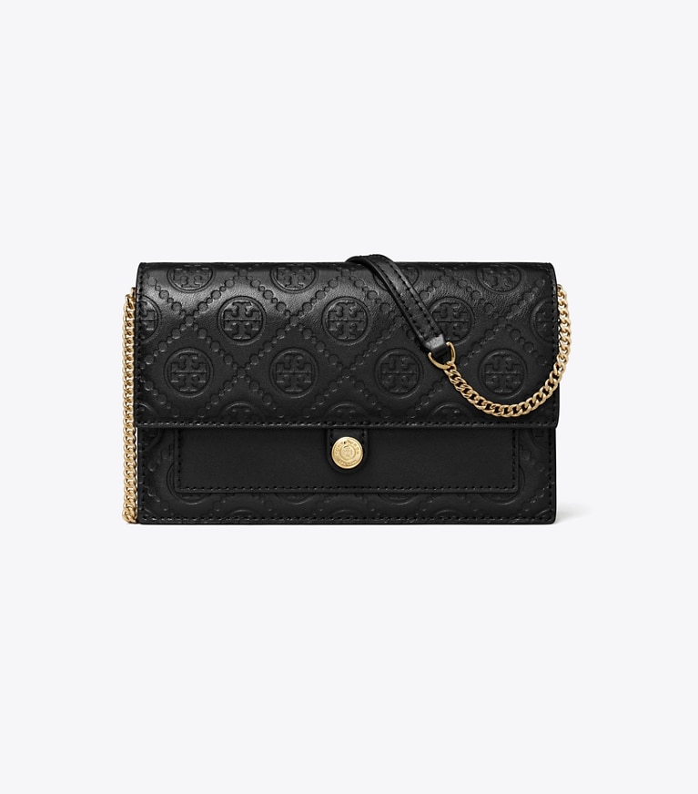 Tory Burch designer mini bags T Monogram Leather Crossbody in Black angle