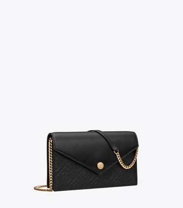 Tory Burch designer crossbody bags T Monogram Leather Envelope Chain Wallet in Black angle