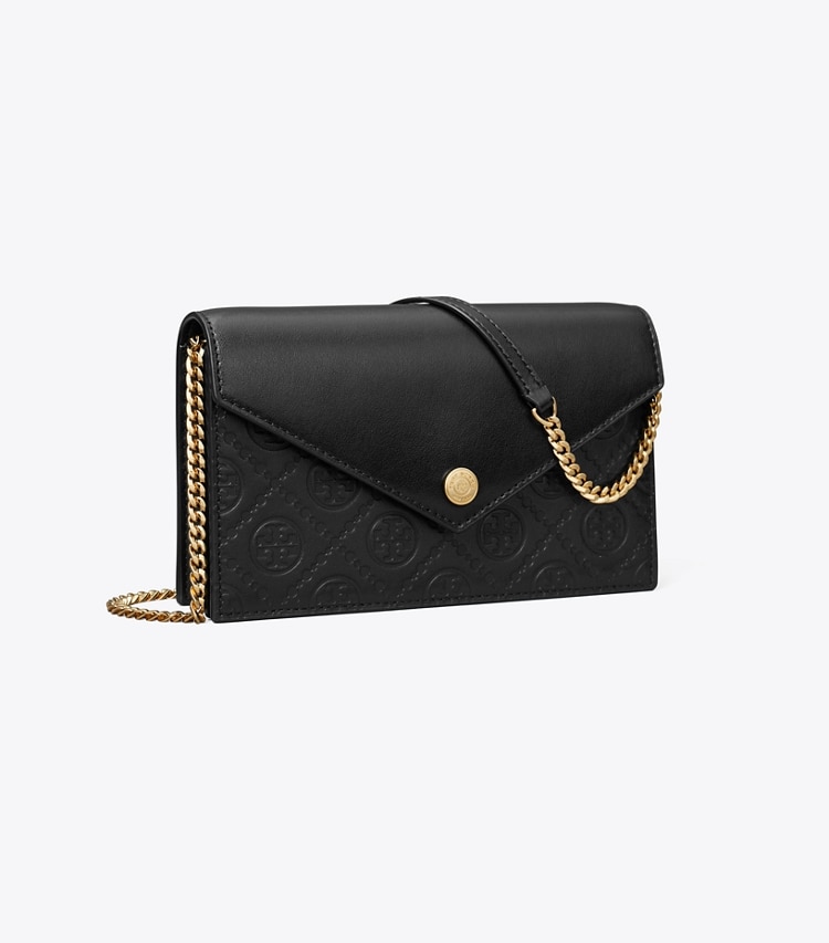 Tory Burch designer mini bags T Monogram Leather Envelope Chain Wallet in Black angle
