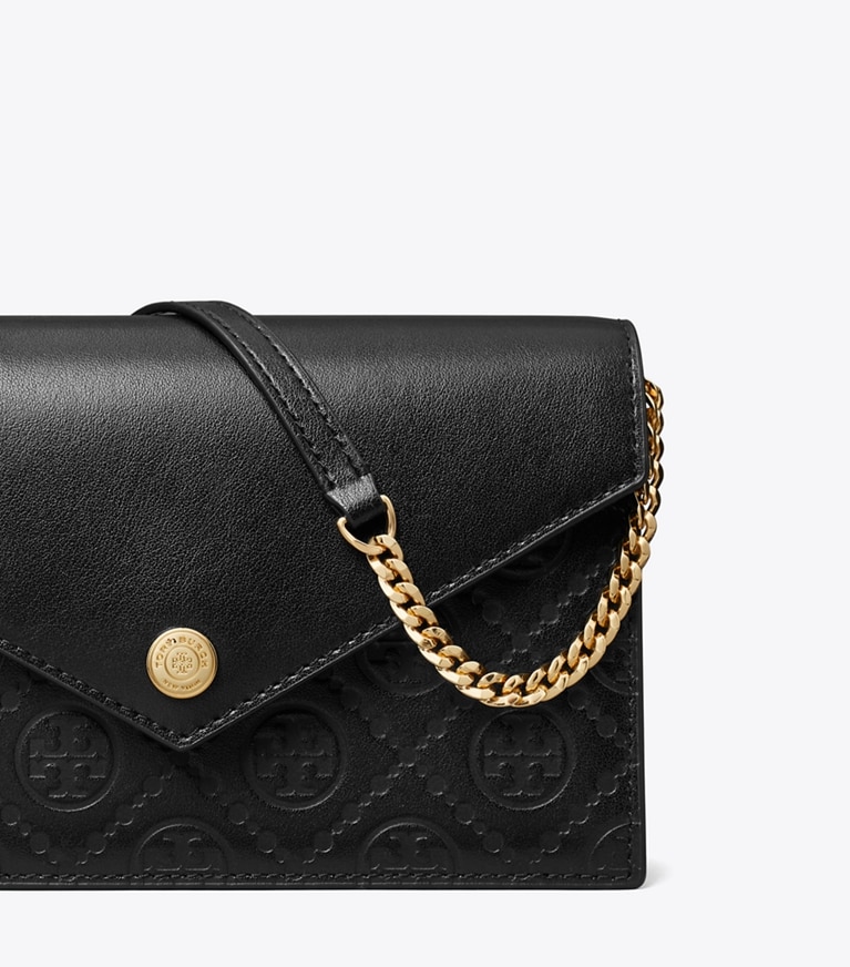 Tory Burch designer mini bags T Monogram Leather Envelope Chain Wallet in Black angle