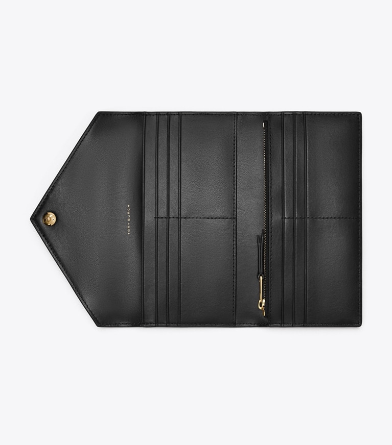 Tory Burch designer wallets T Monogram Leather Envelope Wallet in Black angle