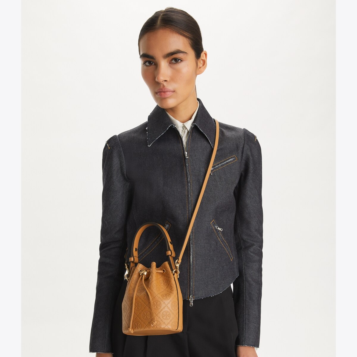 T Monogram Leather Mini Bucket Bag: Women's Designer Crossbody