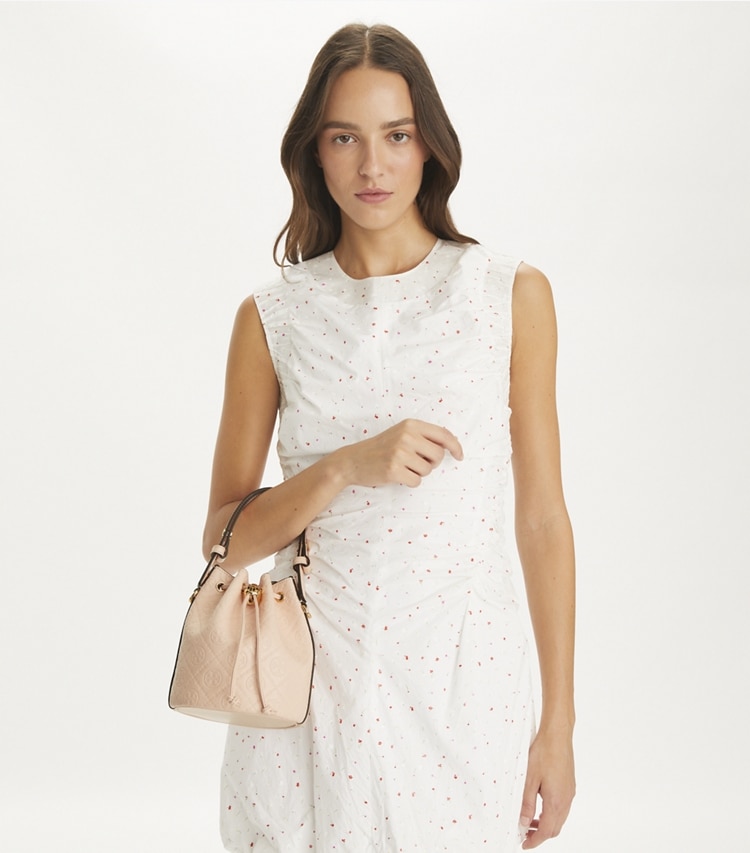Tory Burch designer crossbody bags T Monogram Leather Mini Bucket Bag in Blush additional on model