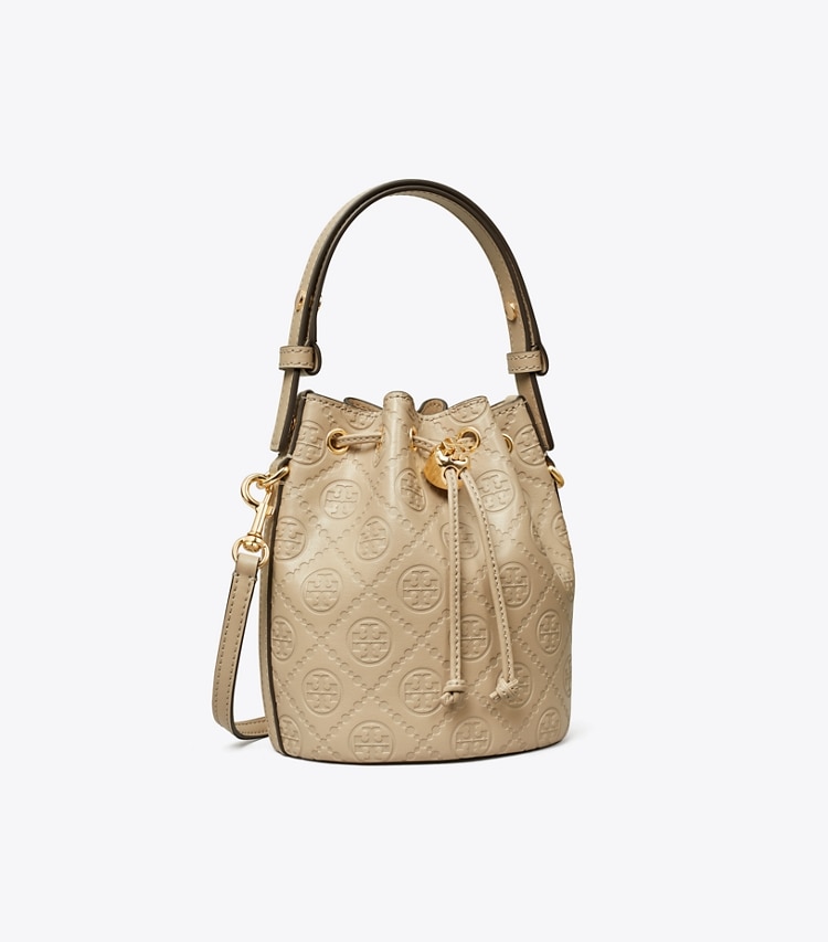 Tory Burch designer crossbody bags T Monogram Leather Mini Bucket Bag in Fresh Clay angle