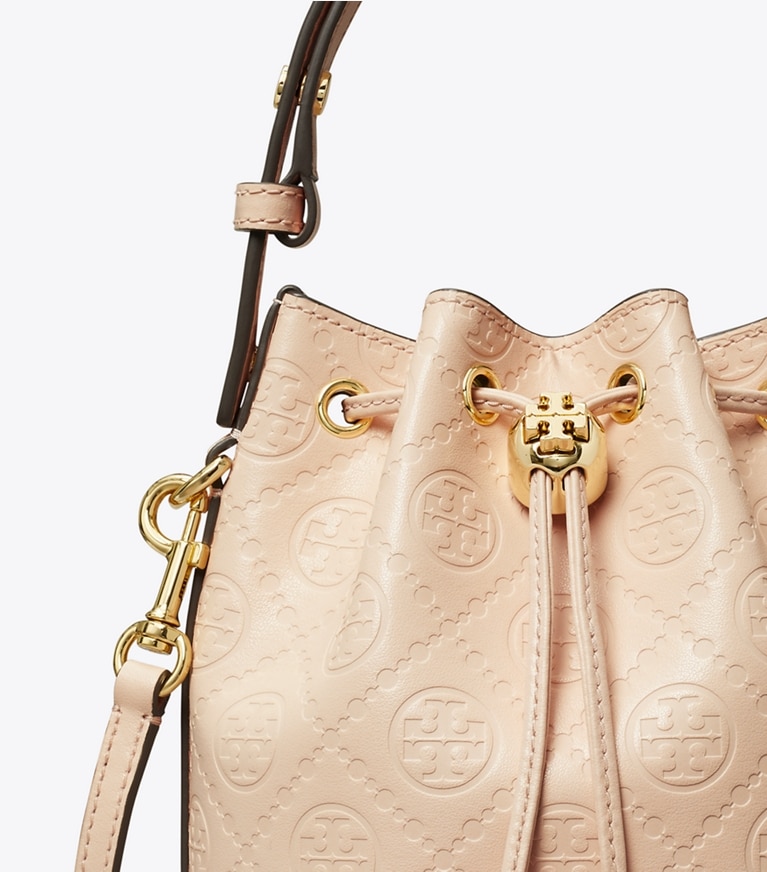 Tory Burch designer crossbody bags T Monogram Leather Mini Bucket Bag in Blush angle