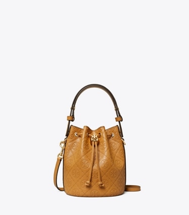 Tory Burch designer crossbody bags T Monogram Leather Mini Bucket Bag in Tan front