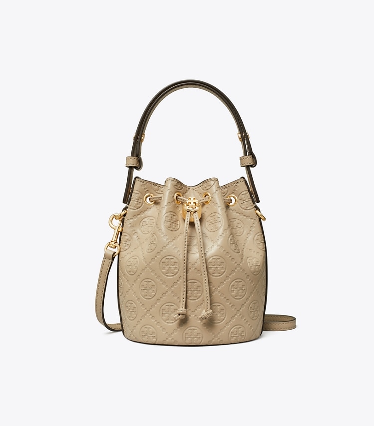 Tory Burch designer crossbody bags T Monogram Leather Mini Bucket Bag in Fresh Clay front