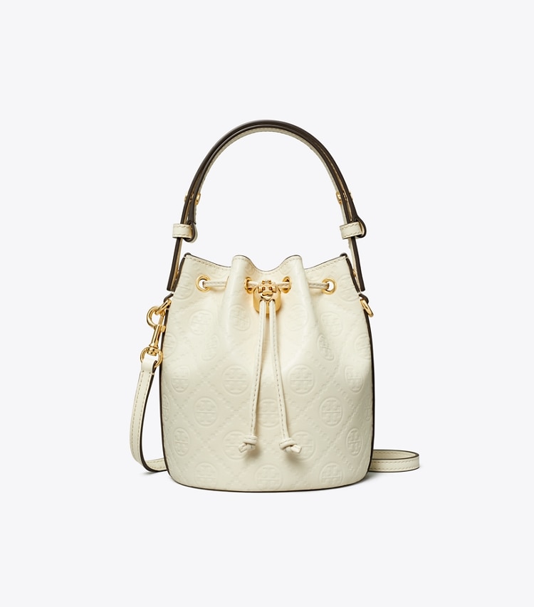 Tory Burch designer クロスボディバッグ Tモノグラム レザー ミニ バケットバッグ in Light Cream front