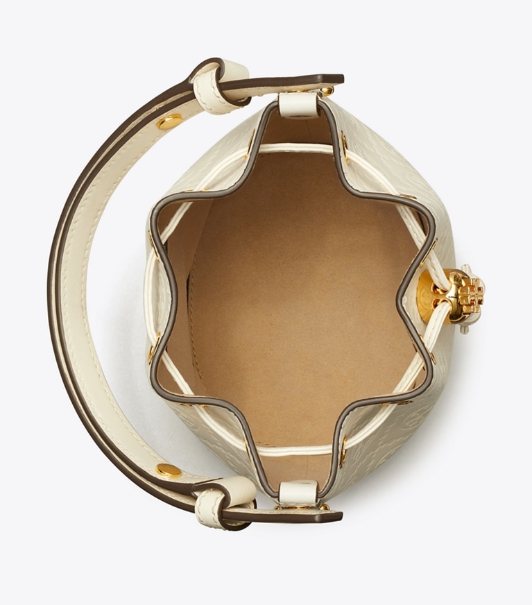 Tory Burch designer クロスボディバッグ Tモノグラム レザー ミニ バケットバッグ in Light Cream angle