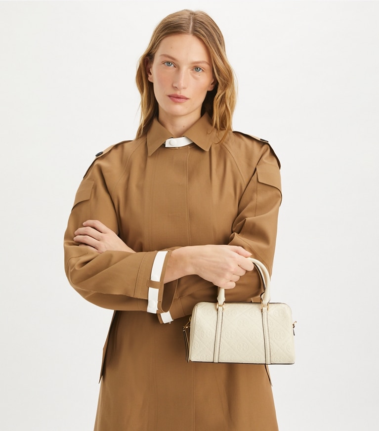 Tory Burch designer crossbody bags T Monogram Leather Petite Barrel Bag in Light Cream angle