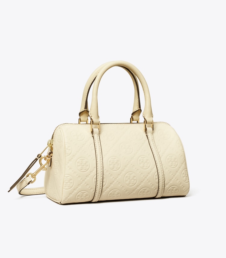 Tory Burch designer crossbody bags T Monogram Leather Petite Barrel Bag in Light Cream angle