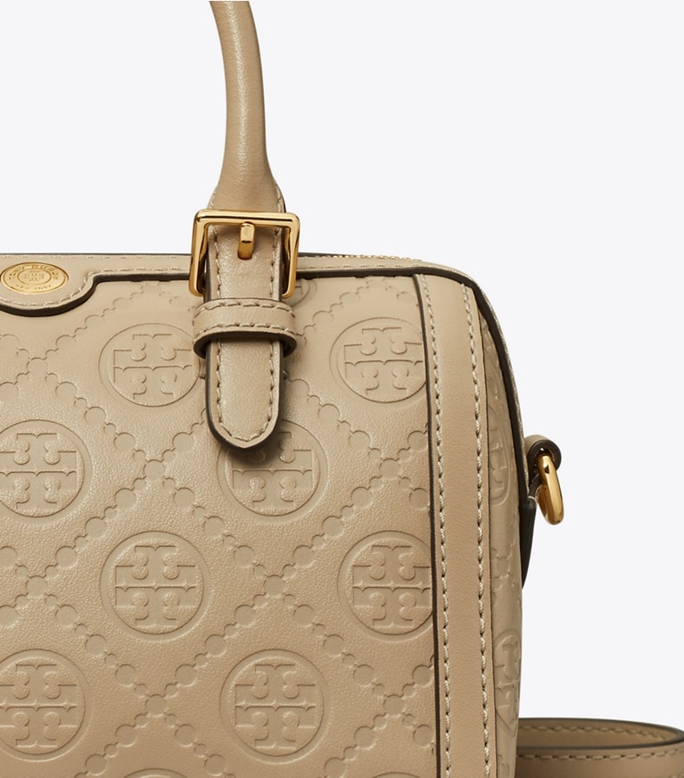 Tory Burch designer crossbody bags T Monogram Leather Petite Barrel Bag in Fresh Clay angle