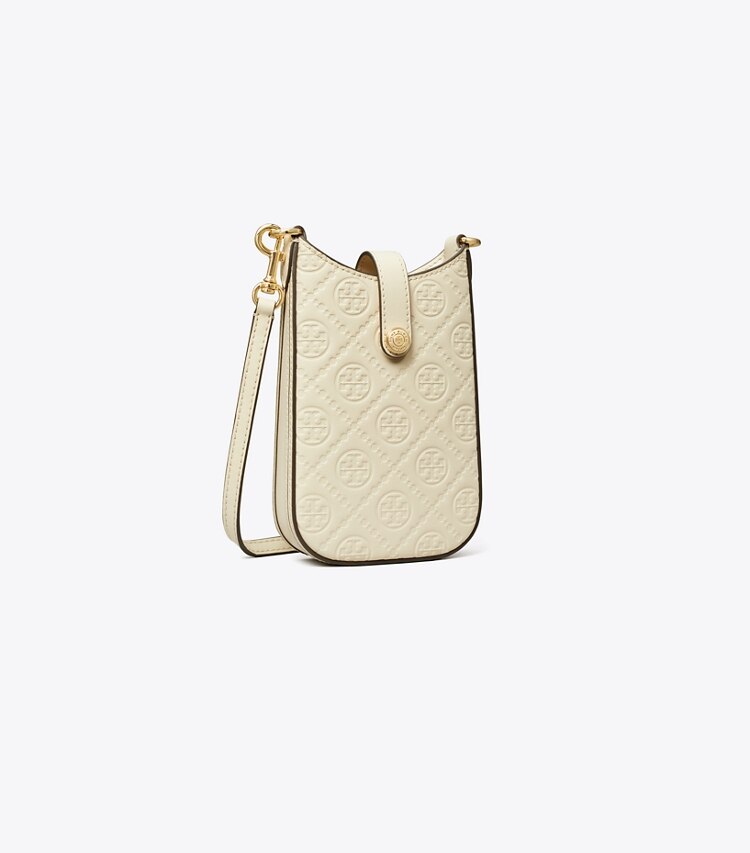 Tory Burch designer ミニバッグ Tモノグラム レザー フォン クロスボディ in Light Cream angle