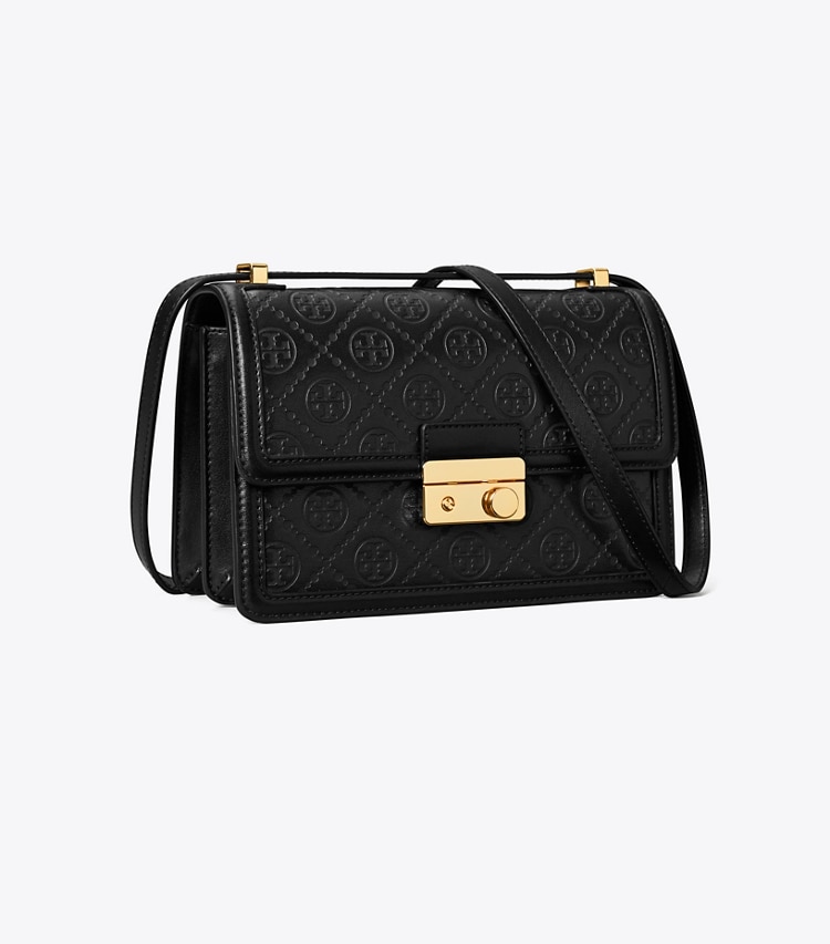 Tory Burch designer ショルダーバッグ Tモノグラム レザー ショルダーバッグ in Black angle
