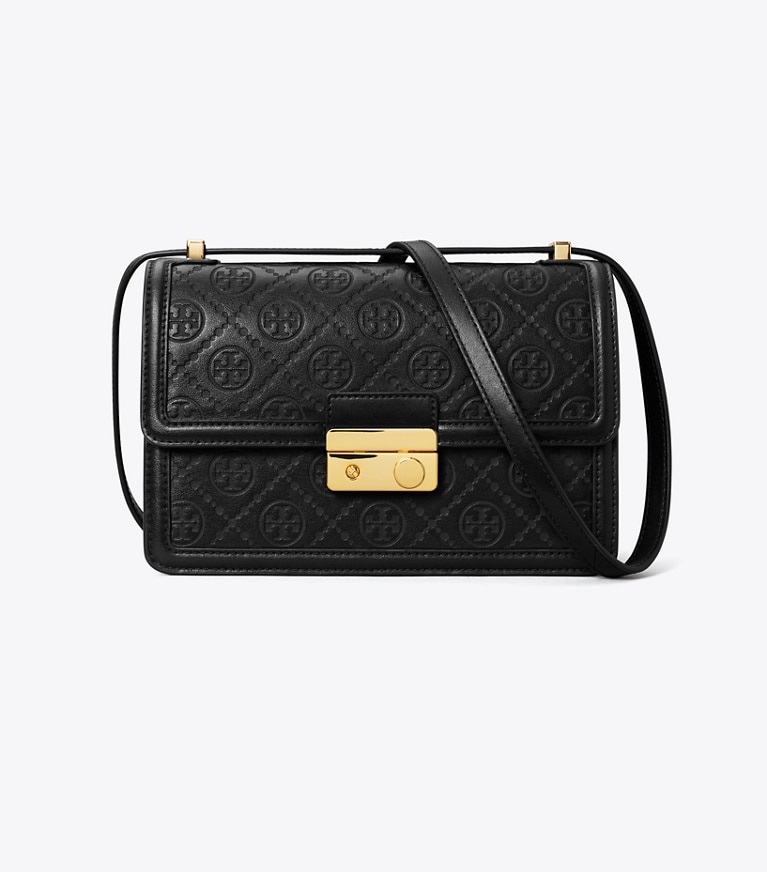 Tory Burch designer ショルダーバッグ Tモノグラム レザー ショルダーバッグ in Black angle