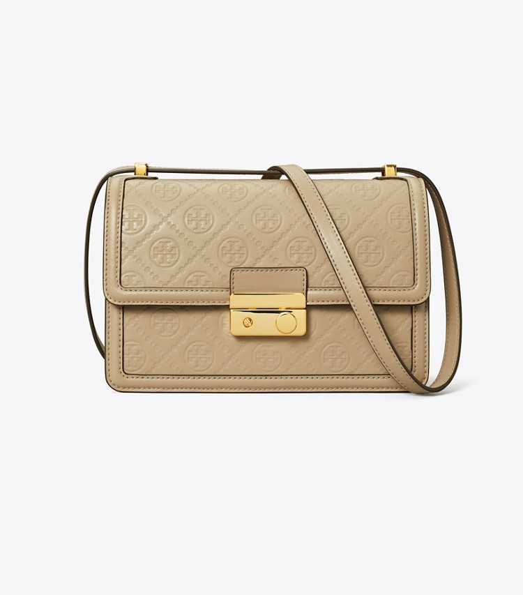 Tory Burch designer shoulder bags T Monogram Leather Shoulder Bag in Fresh Clay front