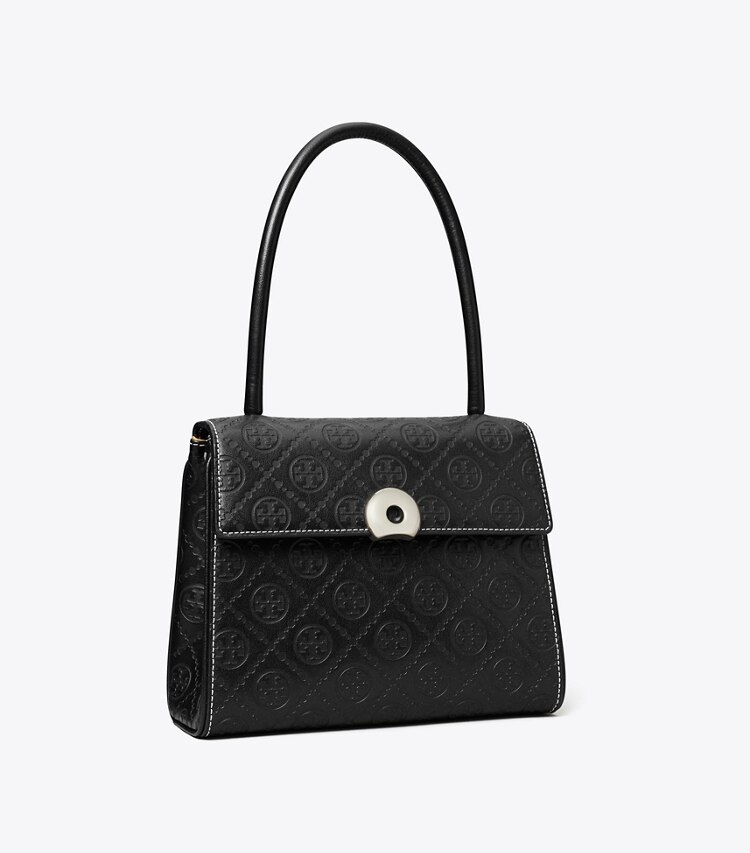 Tory Burch designer satchels T Monogram Leather Small Deville Bag in Black angle