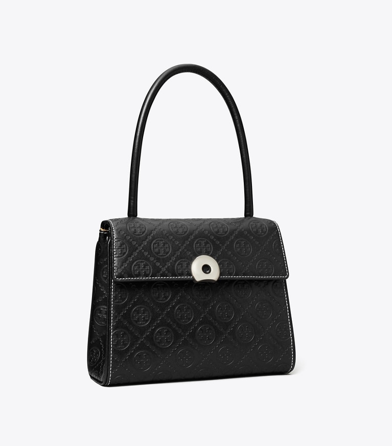 Tory Burch designer satchels T Monogram Leather Small Deville Bag in Black angle