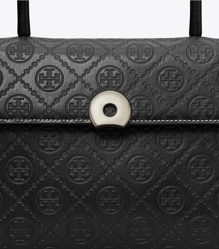 Tory Burch designer satchels T Monogram Leather Small Deville Bag in Black angle