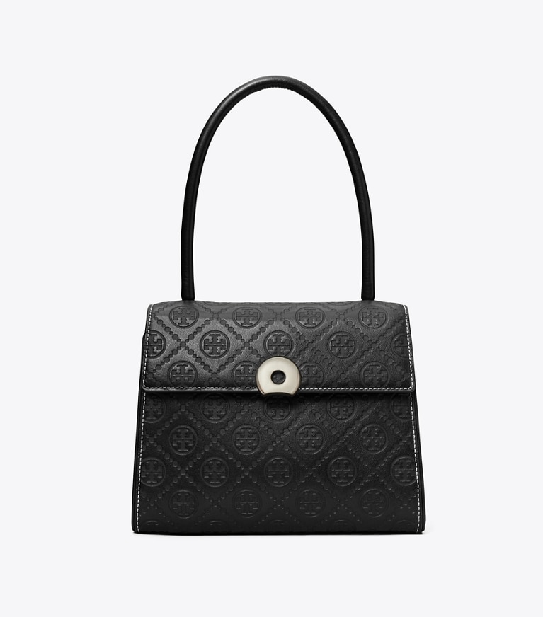 Tory Burch designer satchels T Monogram Leather Small Deville Bag in Black angle