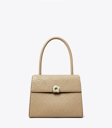 Tory Burch designer satchels T Monogram Leather Small Deville Bag in Fresh Clay front