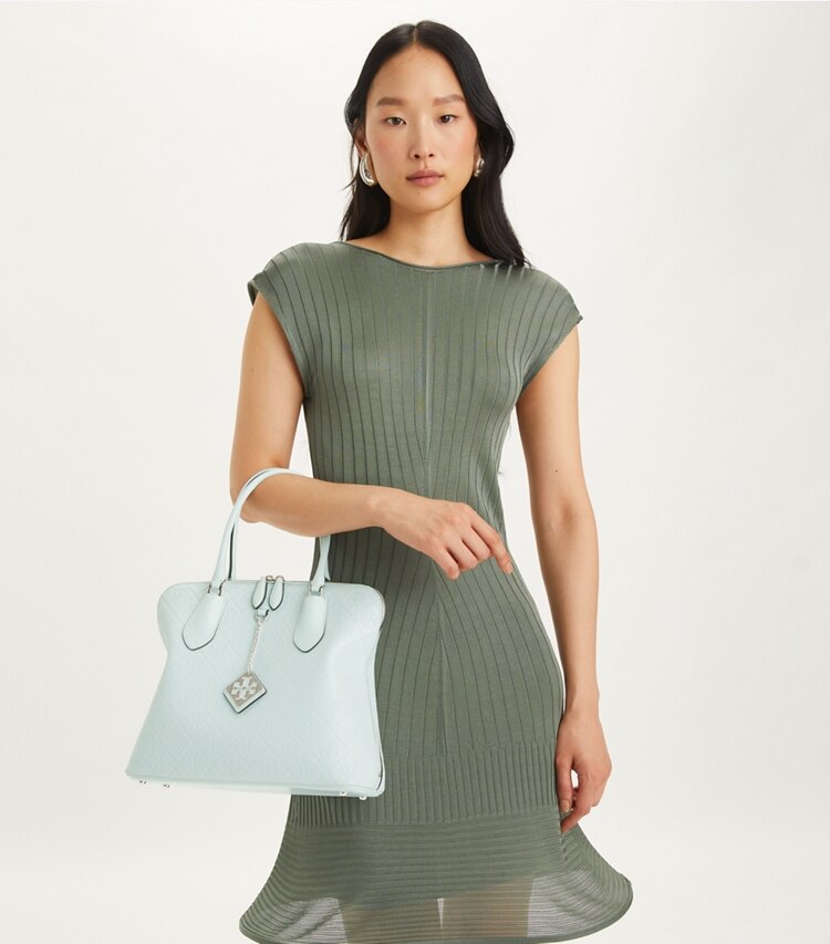 Tory Burch designer satchels T Monogram Leather Swing Satchel in Ice Blue accessory on model
