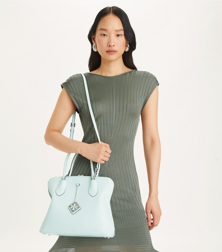Tory Burch designer satchels T Monogram Leather Swing Satchel in Ice Blue additional on model