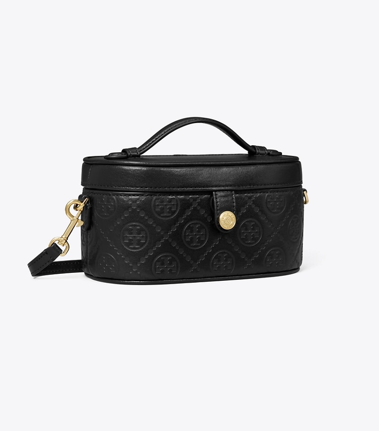 Tory Burch designer mini bags T Monogram Leather Vanity Case in Black angle