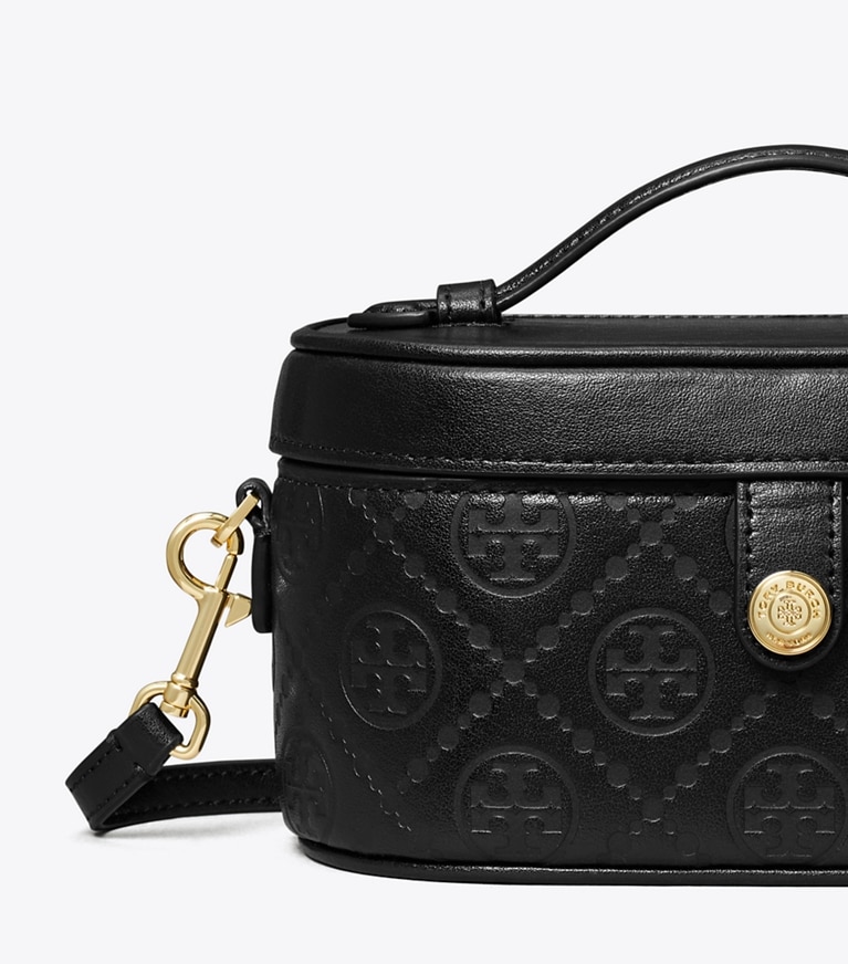 Tory Burch designer mini bags T Monogram Leather Vanity Case in Black angle