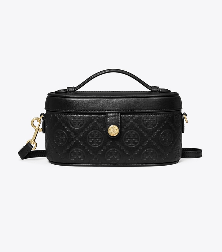 Tory Burch designer mini bags T Monogram Leather Vanity Case in Black angle