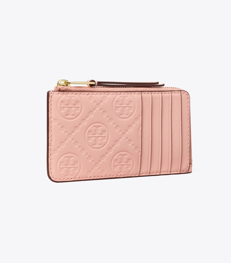 Tory Burch designer card cases T Monogram Leather Zip Card Case in Blush angle
