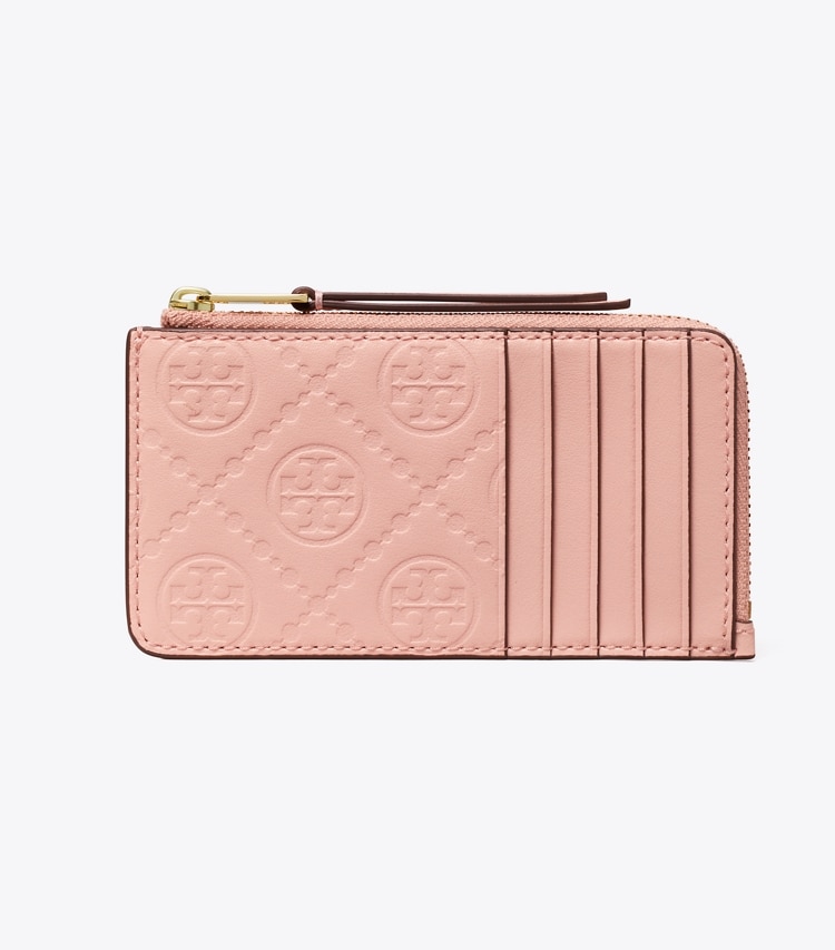 Tory Burch designer card cases T Monogram Leather Zip Card Case in Blush front
