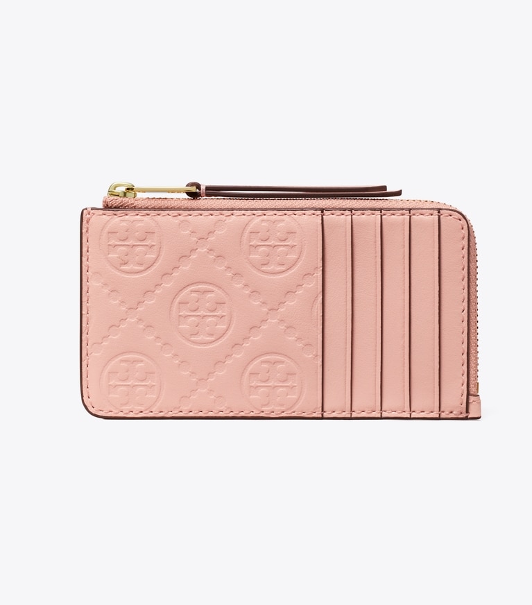 Tory Burch designer card cases T Monogram Leather Zip Card Case in Blush angle