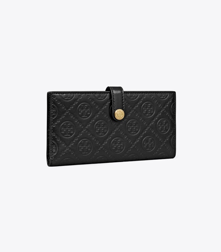 Tory Burch designer wallets T Monogram Leather Zip Slim Wallet in Black angle
