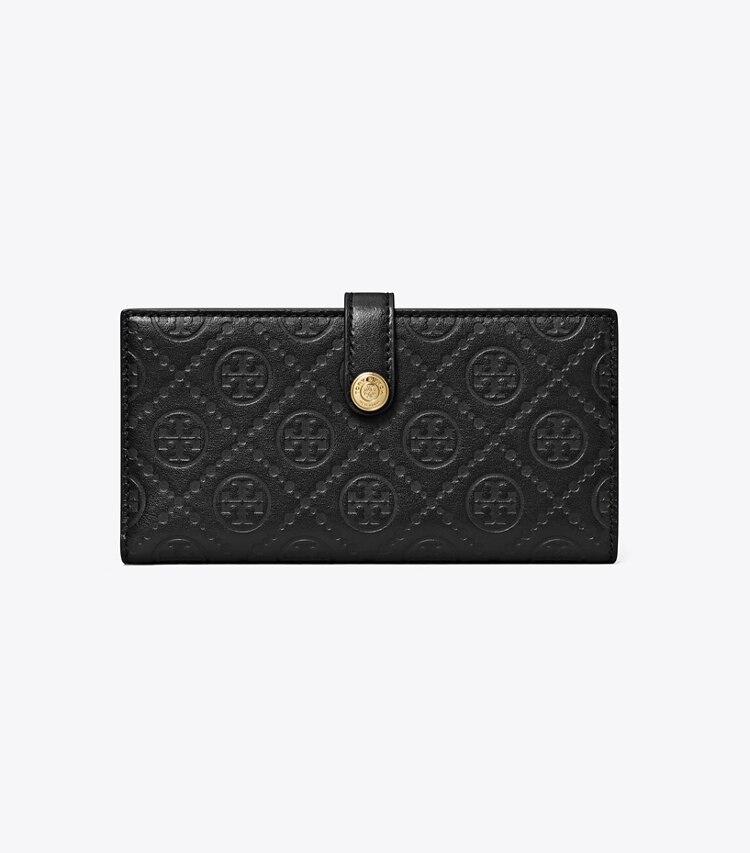 Tory Burch designer wallets T Monogram Leather Zip Slim Wallet in Black front
