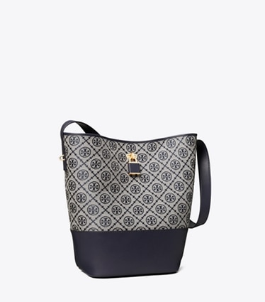 Tory Burch designer shoulder bags T Monogram Lock Slim Bucket Bag in Tory Navy angle