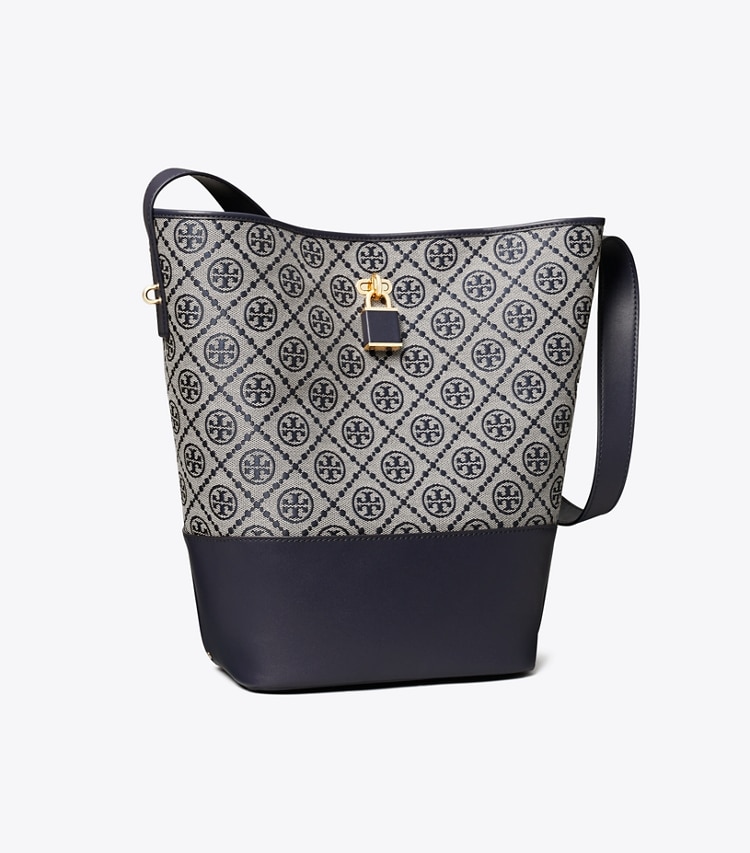Tory Burch designer shoulder bags T Monogram Lock Slim Bucket Bag in Tory Navy angle