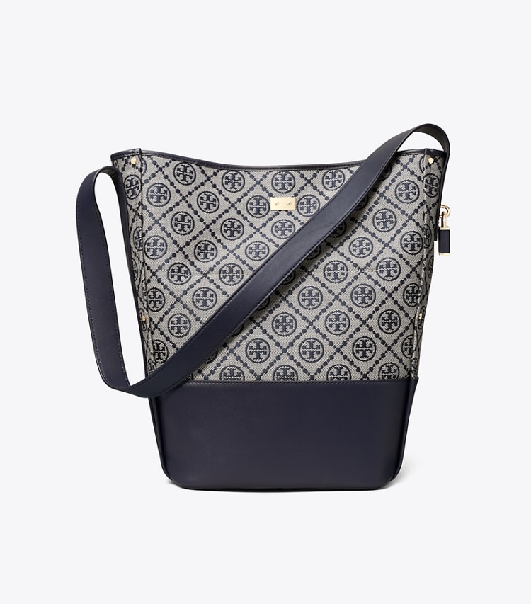 Tory Burch designer shoulder bags T Monogram Lock Slim Bucket Bag in Tory Navy back