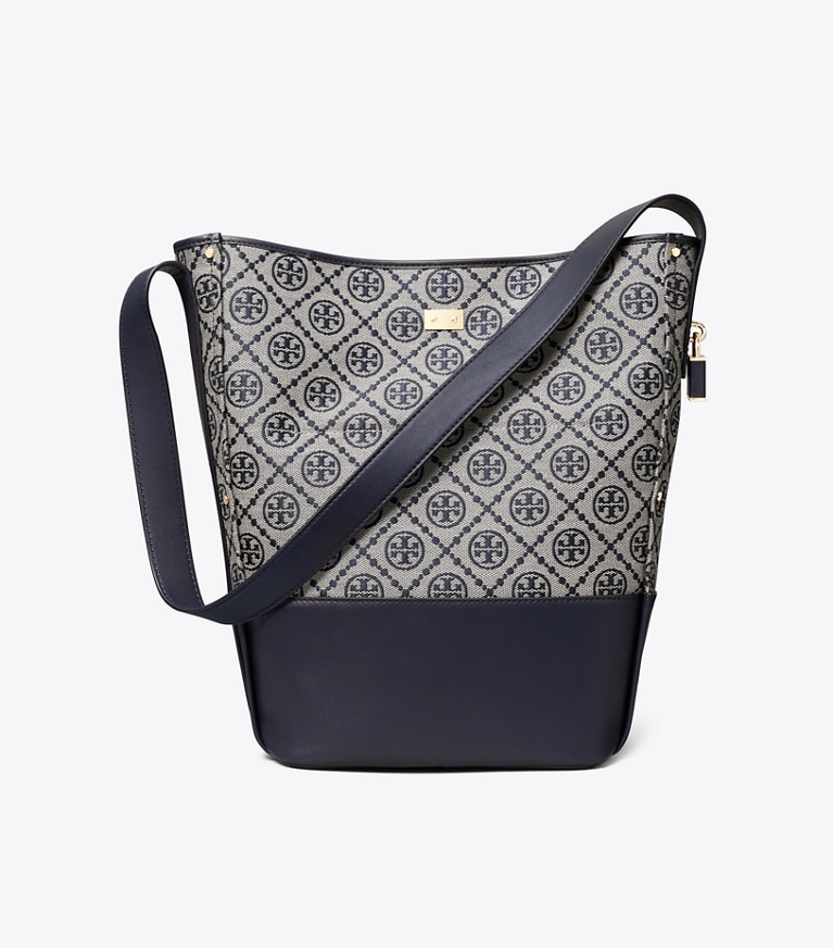 Tory Burch designer shoulder bags T Monogram Lock Slim Bucket Bag in Tory Navy back