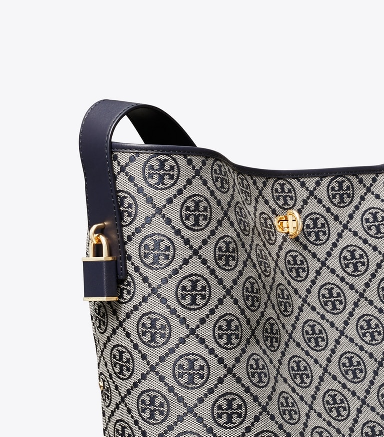 Tory Burch designer shoulder bags T Monogram Lock Slim Bucket Bag in Tory Navy detail