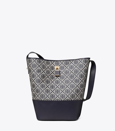 Tory Burch designer shoulder bags T Monogram Lock Slim Bucket Bag in Tory Navy front