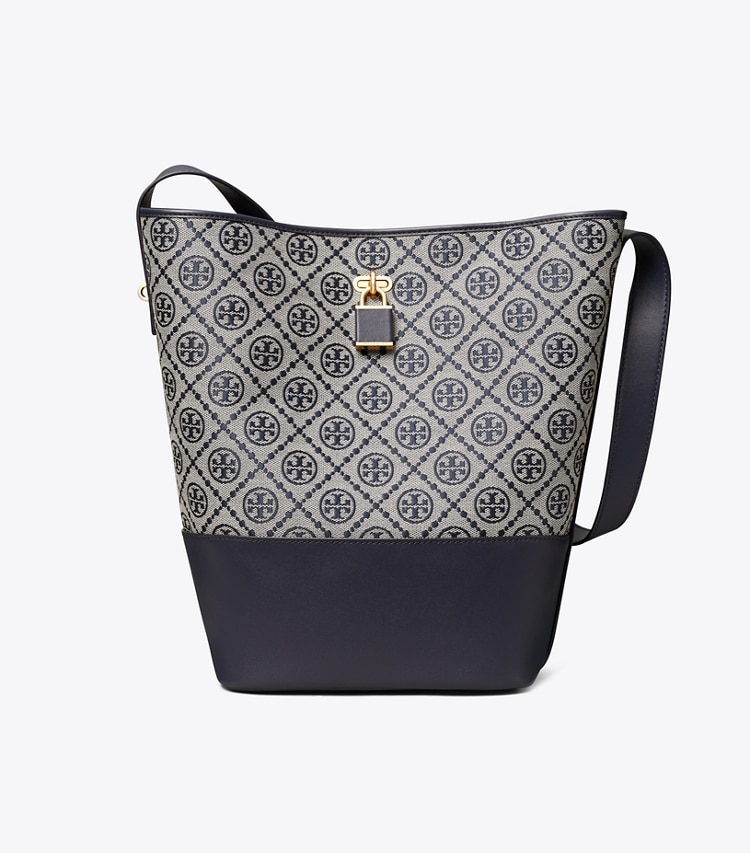 Tory Burch designer shoulder bags T Monogram Lock Slim Bucket Bag in Tory Navy front