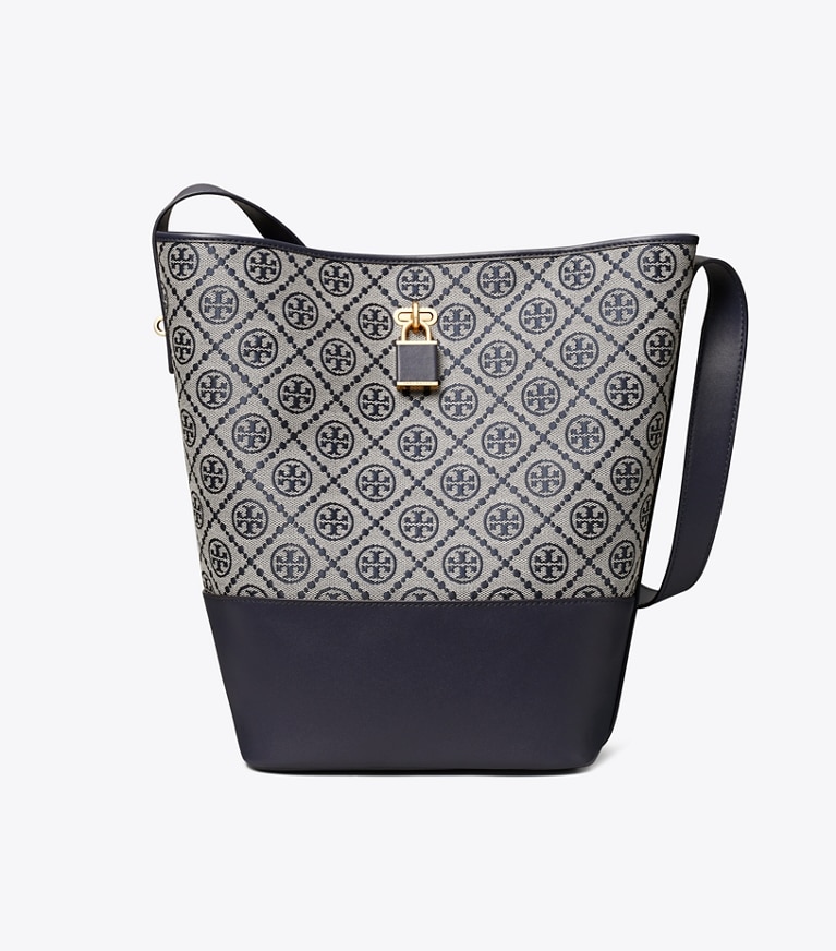 Tory Burch designer shoulder bags T Monogram Lock Slim Bucket Bag in Tory Navy front