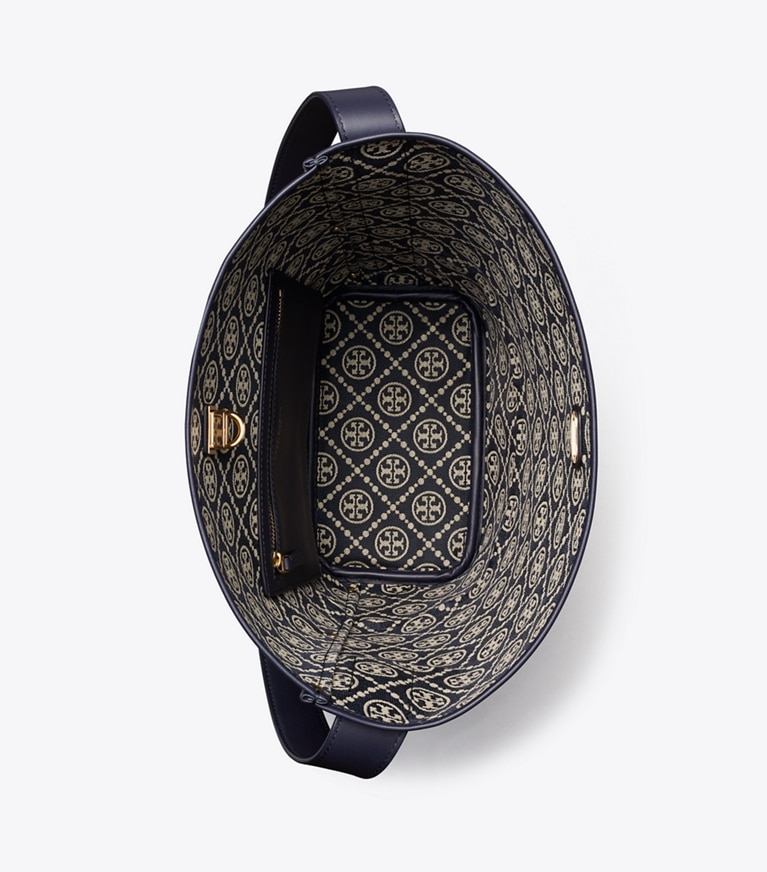Tory Burch designer shoulder bags T Monogram Lock Slim Bucket Bag in Tory Navy overhead